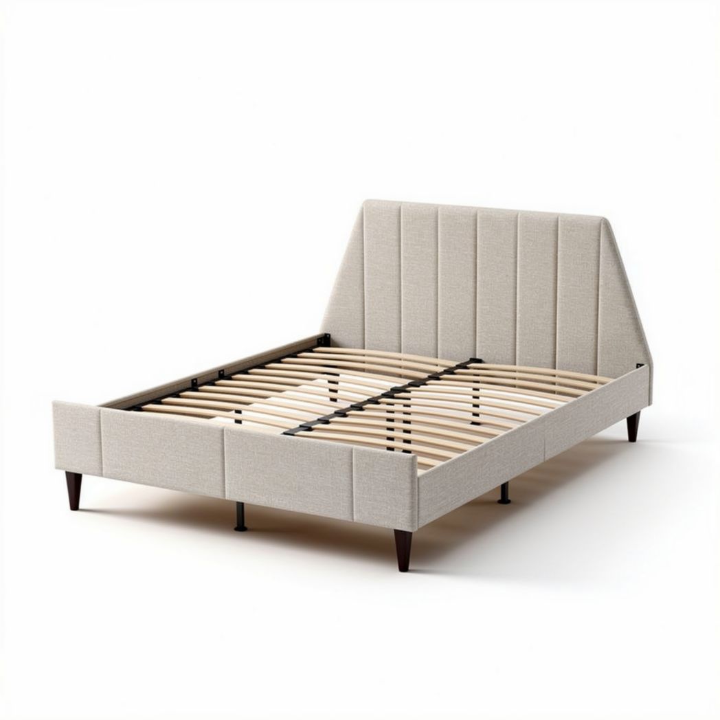 Lit en tissu beige avec sommier à lattes 200 x 160 x 90 cm