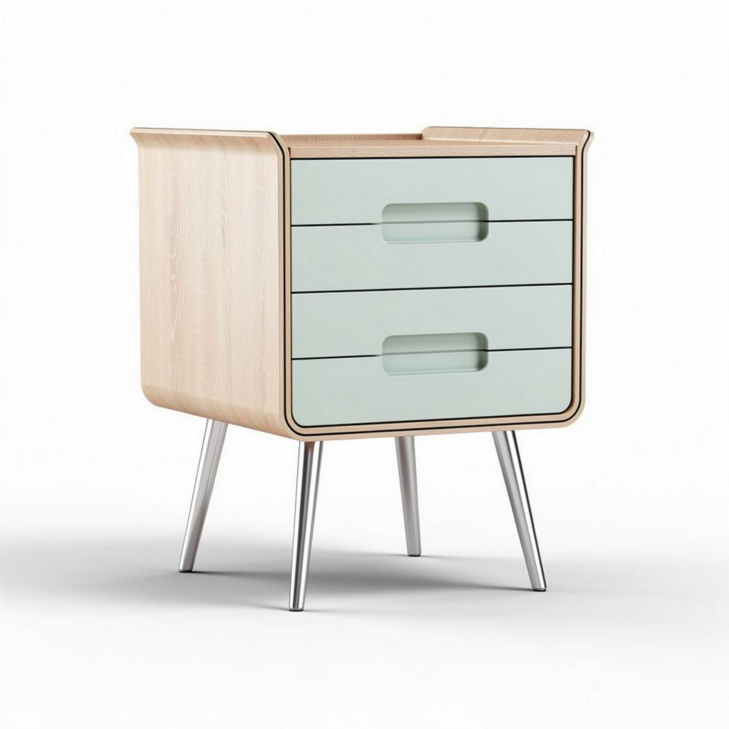 Table de chevet en bois clair avec trois tiroirs en vert menthe dimensions 40 x 35 x 60cm
