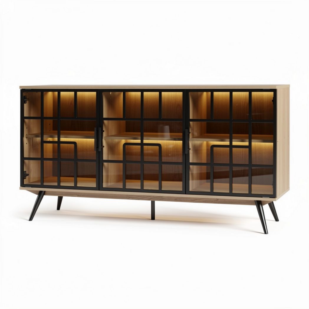 Meuble de rangement en bois et métal avec éclairage intégrée 150 x 40 x 80cm