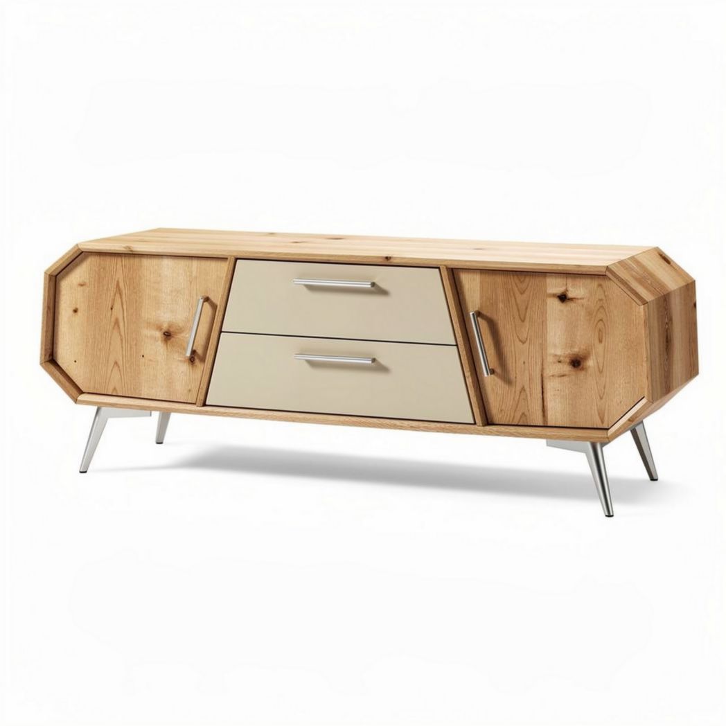 Meuble TV en bois naturel et panneaux en MDF de couleur beige 150 x 40 x 50cm