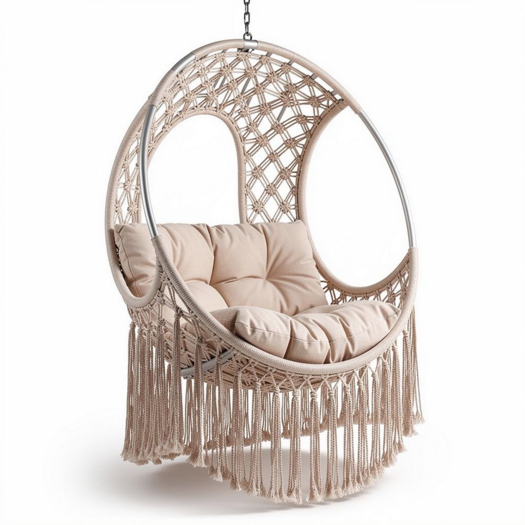 Chaise suspendue en macramé beige avec coussins 80 x 80 x 100cm