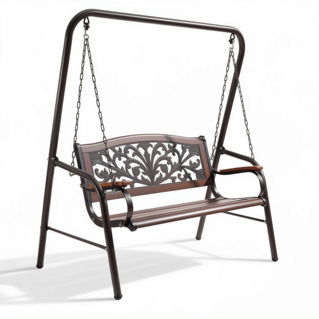 Banc balançant en métal avec accoudoirs en bois 150 x 70 x 160cm