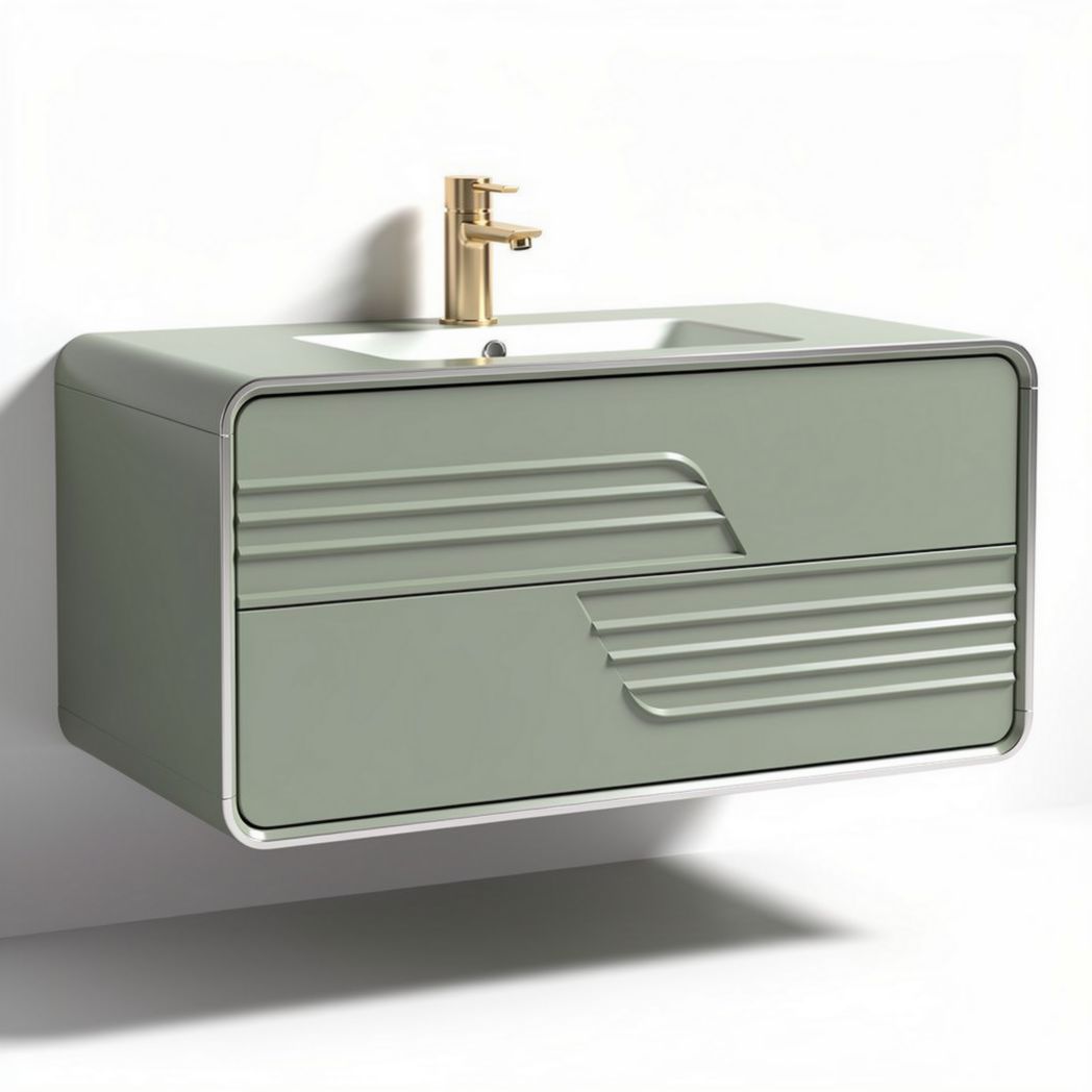 Meuble de salle de bain suspendu en bois vert avec vasque blanche 80 x 50 x 45cm