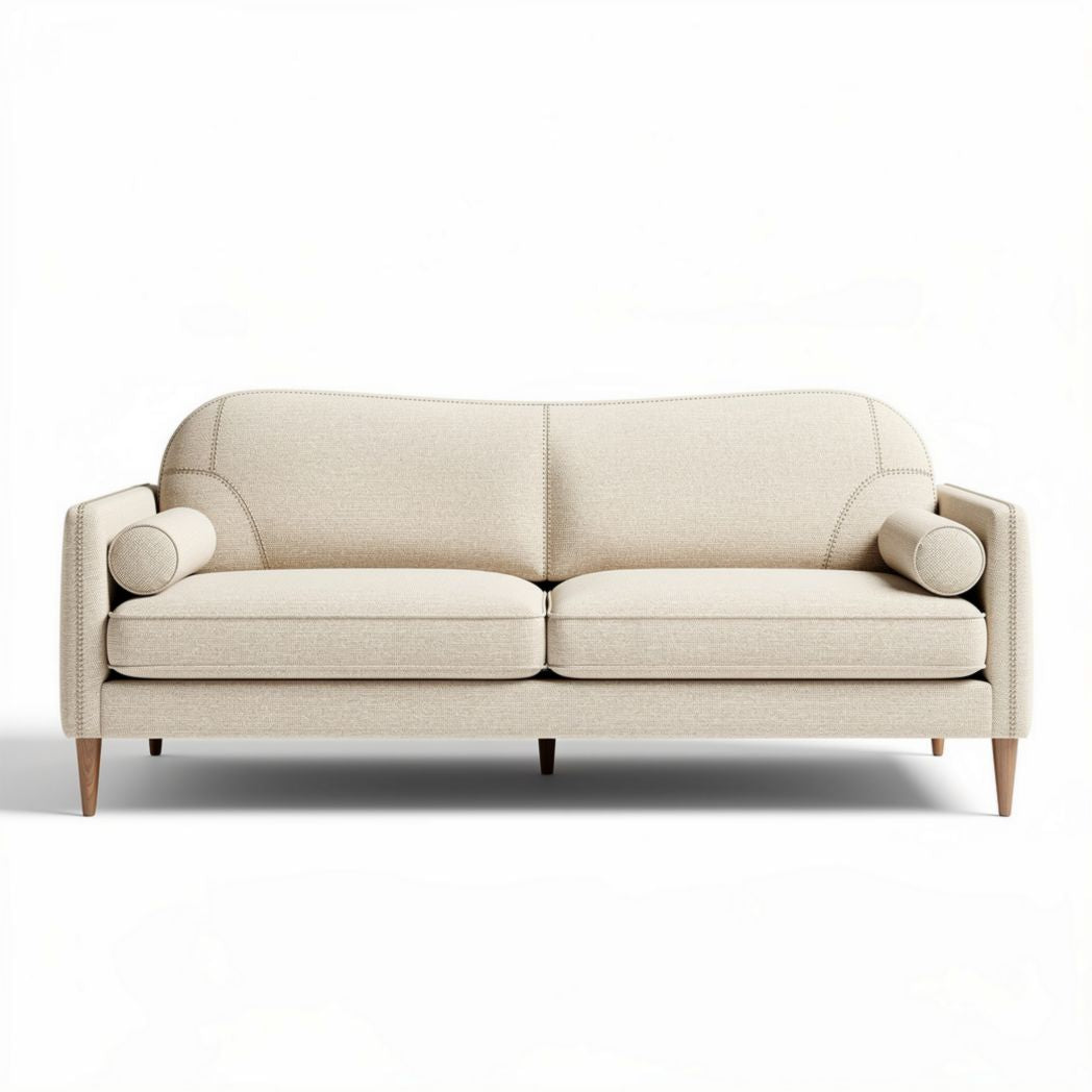 Canapé en tissu beige avec accoudoirs ronds dimensions 200 x 90 x 85cm