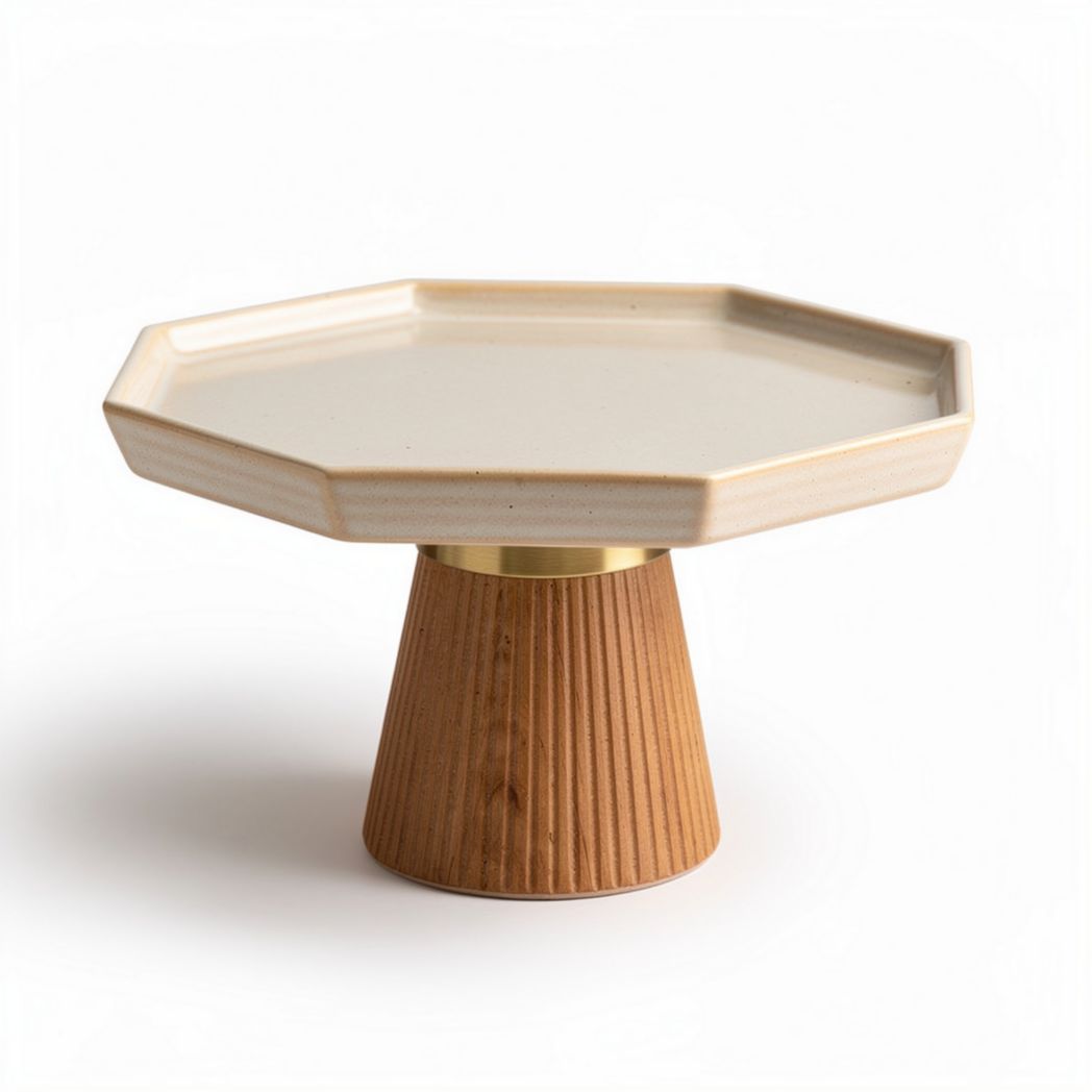 Support en céramique octogonal avec base en bois 25 x 25 x 15cm
