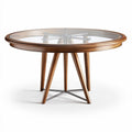 Table ronde en bois avec plateau en verre diamètre 100cm hauteur 75cm finition marron et pieds en métal