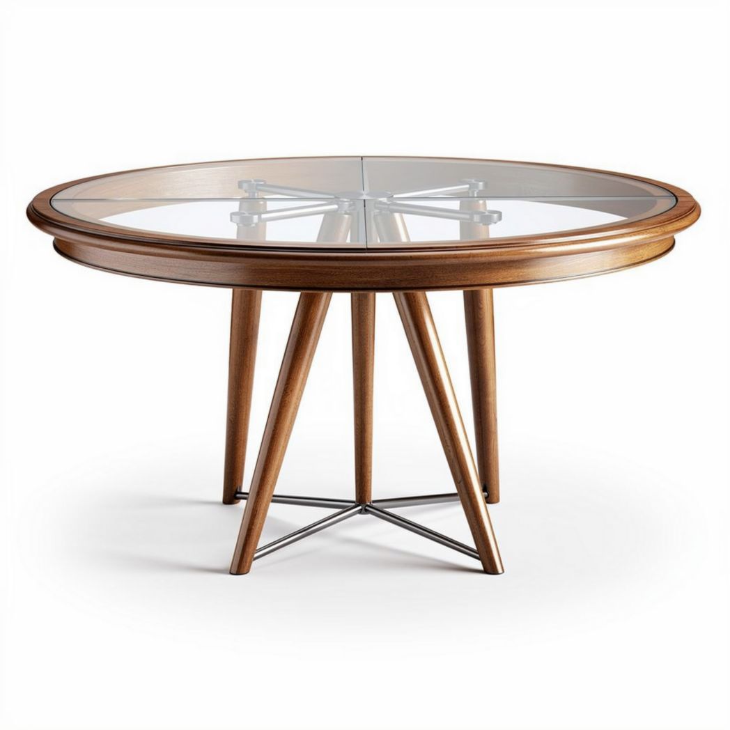 Table ronde en bois avec plateau en verre diamètre 100cm hauteur 75cm finition marron et pieds en métal