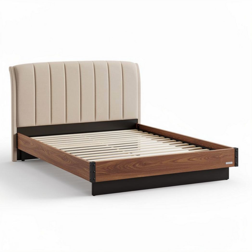 Lit contemporain en bois et tissu beige 200 x 160 x 100cm avec tête de lit rembourrée
